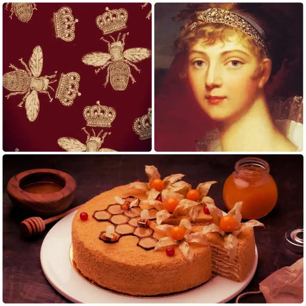 did the imperial family consume chocolate eggs or easter treats - image split in 3 with medovnik honey cake, bees with crowns and a historic imperial woman