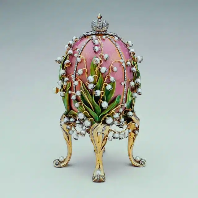 the symbolic grandeur of faberge eggs - lilies of the valley egg circa 1899 in pink with scattered lilies and a crown on the top