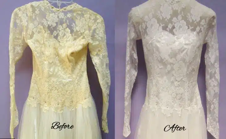 understanding the wear and aging process in distinctive vintage clothing - formal lace dress - before and after cleaning methods applied