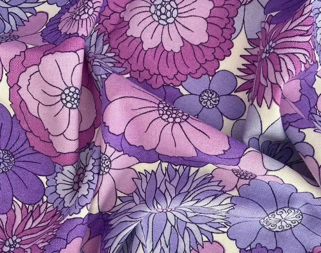 how to spot authentic vintage clothing, fabrics and textures - 1960's bold floral fabric print in mauve
