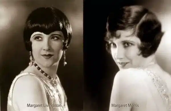 key elements in 1920's flapper girl fashion - bobbed hairstyles, two ladies in different bobbed hairstyles
