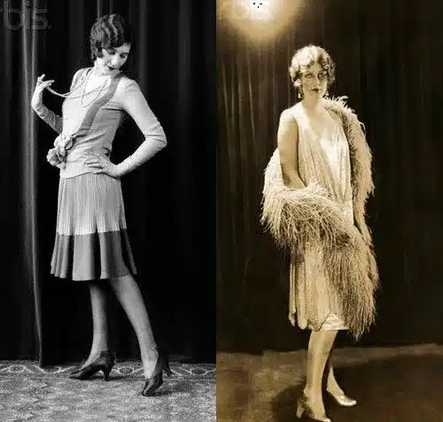 key elements in flapper girl fashions - two ladies, split image - one in knitted flapper day dress, the other in evening loose style dress and ostrich feather boa