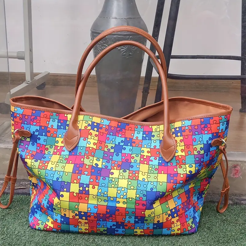 vintage workwear essentials - from practicality to empowerment - multi coloured tote bag in jigsaw design