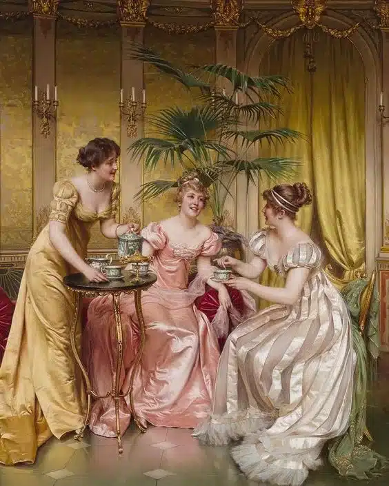 origins of party themes and historical timeline - 19th century women at a formal tea party indoors