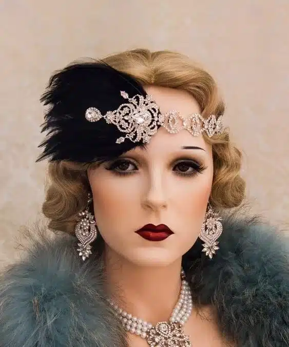 how flapper style changed societal norms and empowered women - blonde model wearing heavy eye makeup, dark lipcolour and diamond and pearl jewellery including headband