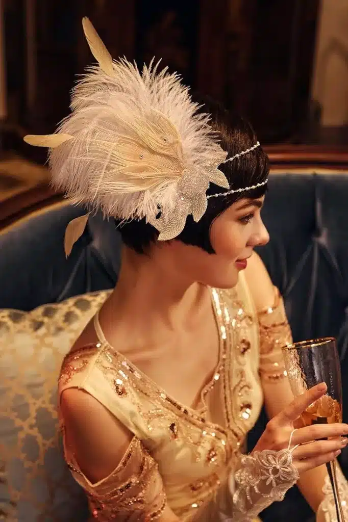 main elements of flapper fashion - bobbed hair, etc - woman holding a wine glass in embellished dress with attached sleeves and large feather headband