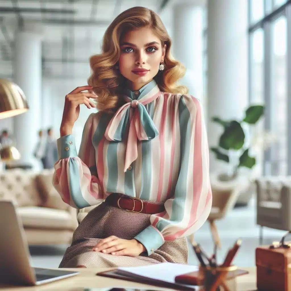 vintage work-wear essentials, building a classic wardrobe - woman in luxury office space wearing striped shirt tied at the neck and a belted skirt in pastel shade