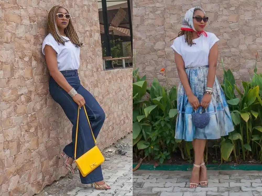 a critical look into how vintage workwear staples are empowering todays woman - same latino woman/split photo wearing jeans and short white blouse - same blouse with pattered skirt and headscarf