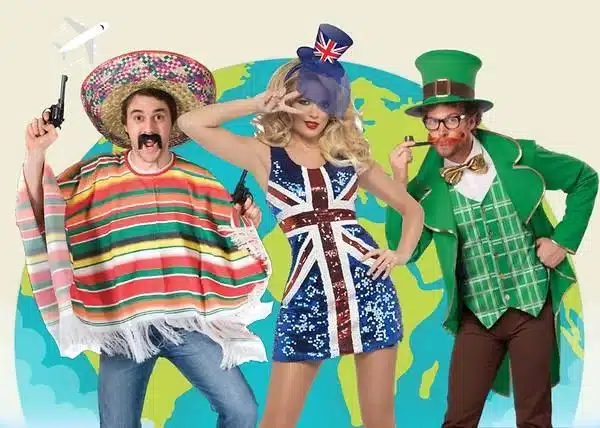 the fascinating world of themed parties, around the world - 3 people dressed in costumes from Mexico, UK and Ireland