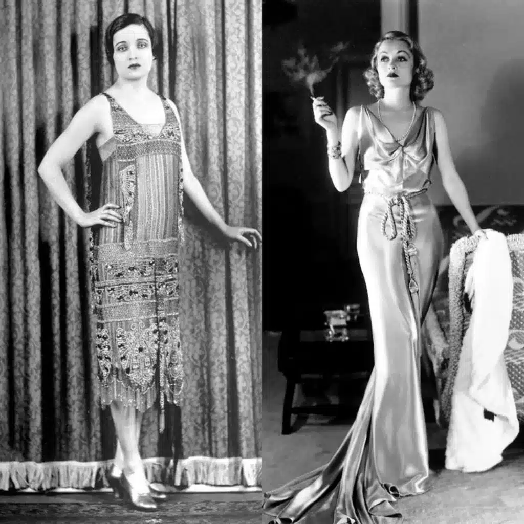 main elements of flapper fashion - bobbed hairstyles, etc - two women split image - one in sequinned flapper dress, the other in long satin evening gown with train holding coat