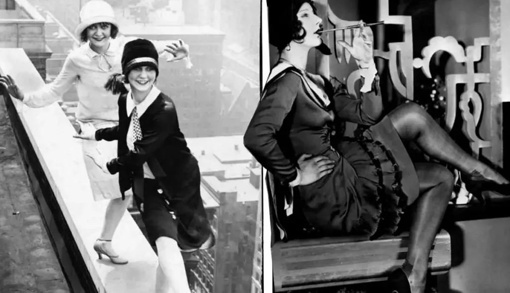how flapper style challenged societal norms and empowered women - split image, 2 women - maybe sisters? walking along edge of rooftop building, other image woman relaxing on top of bench smoking with cigarette holder 