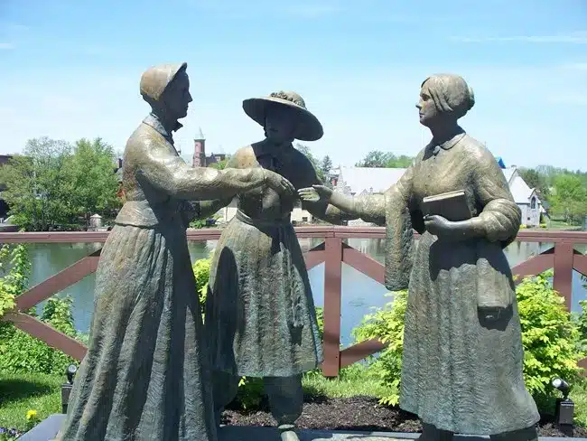 May 1851 Amelia Bloomer introduced Susan B. Anthony to Elizabeth Cady Stanton as depicted in the life-sized bronze figures sculpted by Ted Aub. In "When Anthony Met Stanton" as in real-life, Bloomer and Stanton are wearing the "Bloomer Costume" which bloomer publicized in "The Lily.