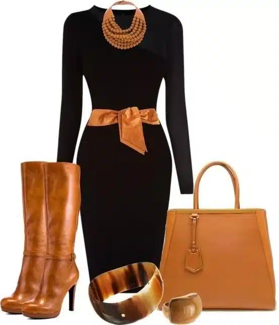 Technology and social media fueling the vintage trend revival - classic black long sleeved day dress with contrasting camel coloured accessories boots and bag