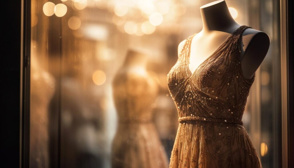 Gold coloured beaded dress draped nicely on a mannequin
