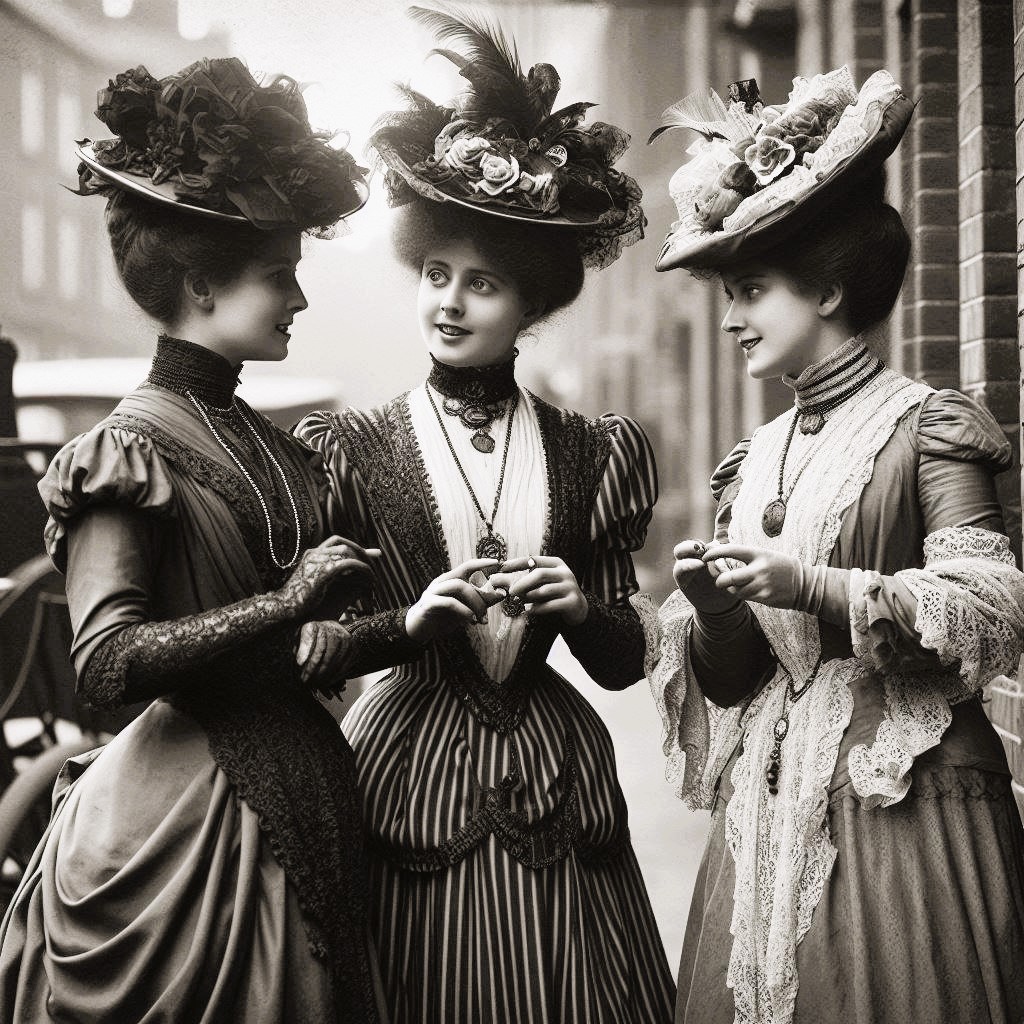 3 1900's ladies on a street in Edwardian long dress wearing accessories and hats