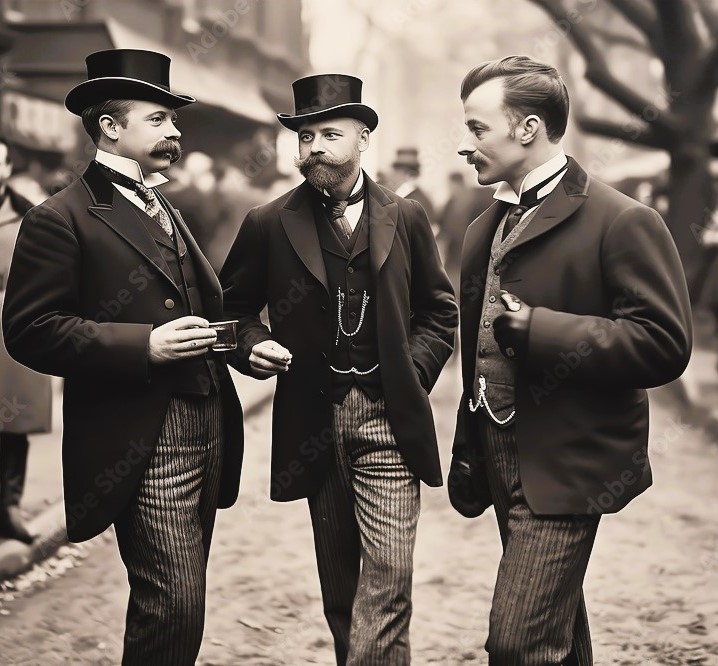 AI created image of 3 english gentlemen from around 1890 standing together talking outside a street wearing 3 piece suits and accessories