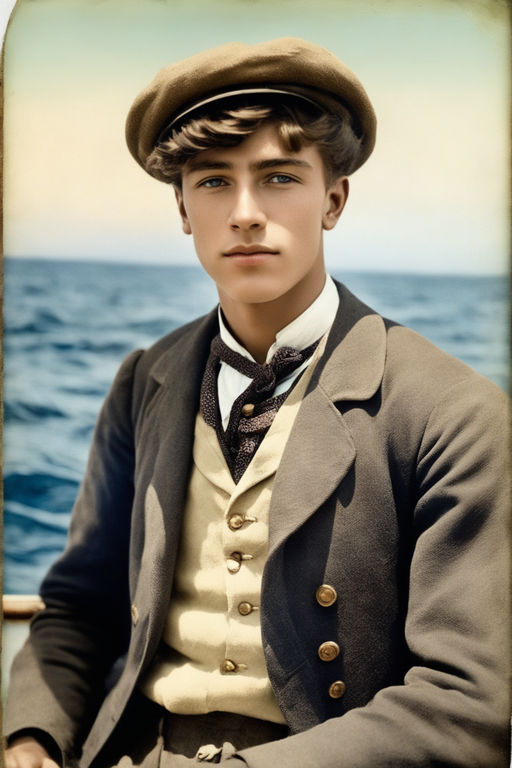 Edwardian man possibly sitting in a boat with a newsboy cap and waistcoat under his jacket