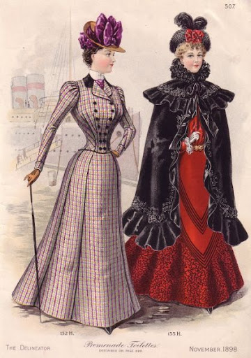 2 Victorian women wearing heavy materials used in walking outfits with multiple layers
