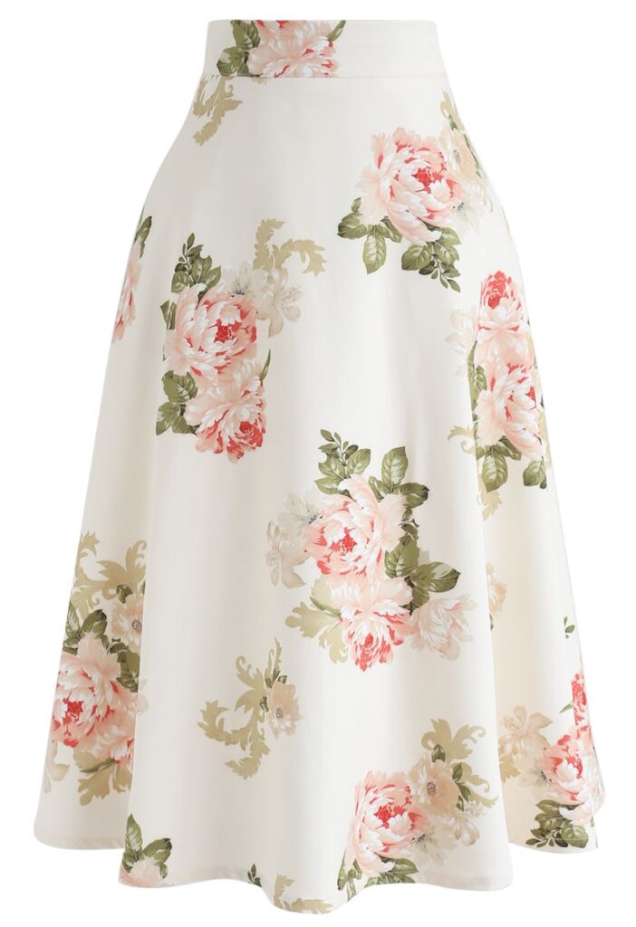 white A line skirt with floral pattern