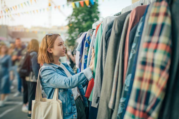 blonde lady looking through vintage fashion market sales