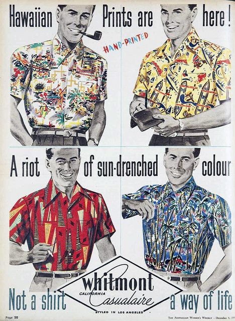 Vintage poster ad for magazine featuring different men's Hawaiian print shirts