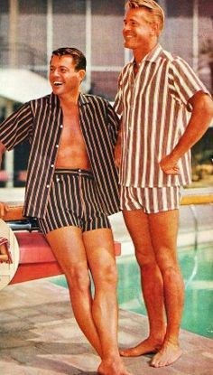 2 guys wearing 1960's cabana suits in stripes.