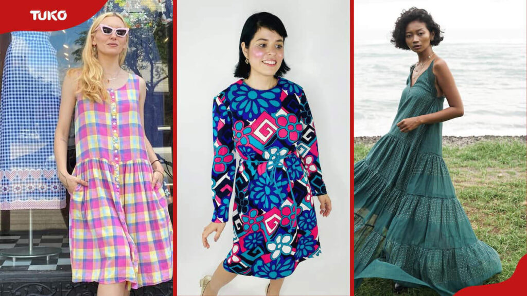 3 different ladies in retro bright coloured fabrics modelling different 60's dresses