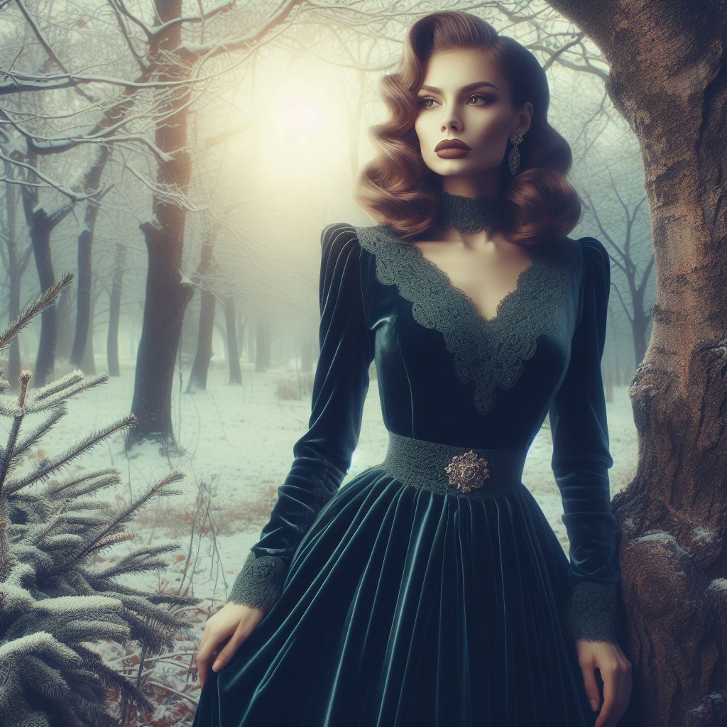 1940's lady in a royal blue velvet evening gown with v neckline and fitted waist in a winter forest AI image