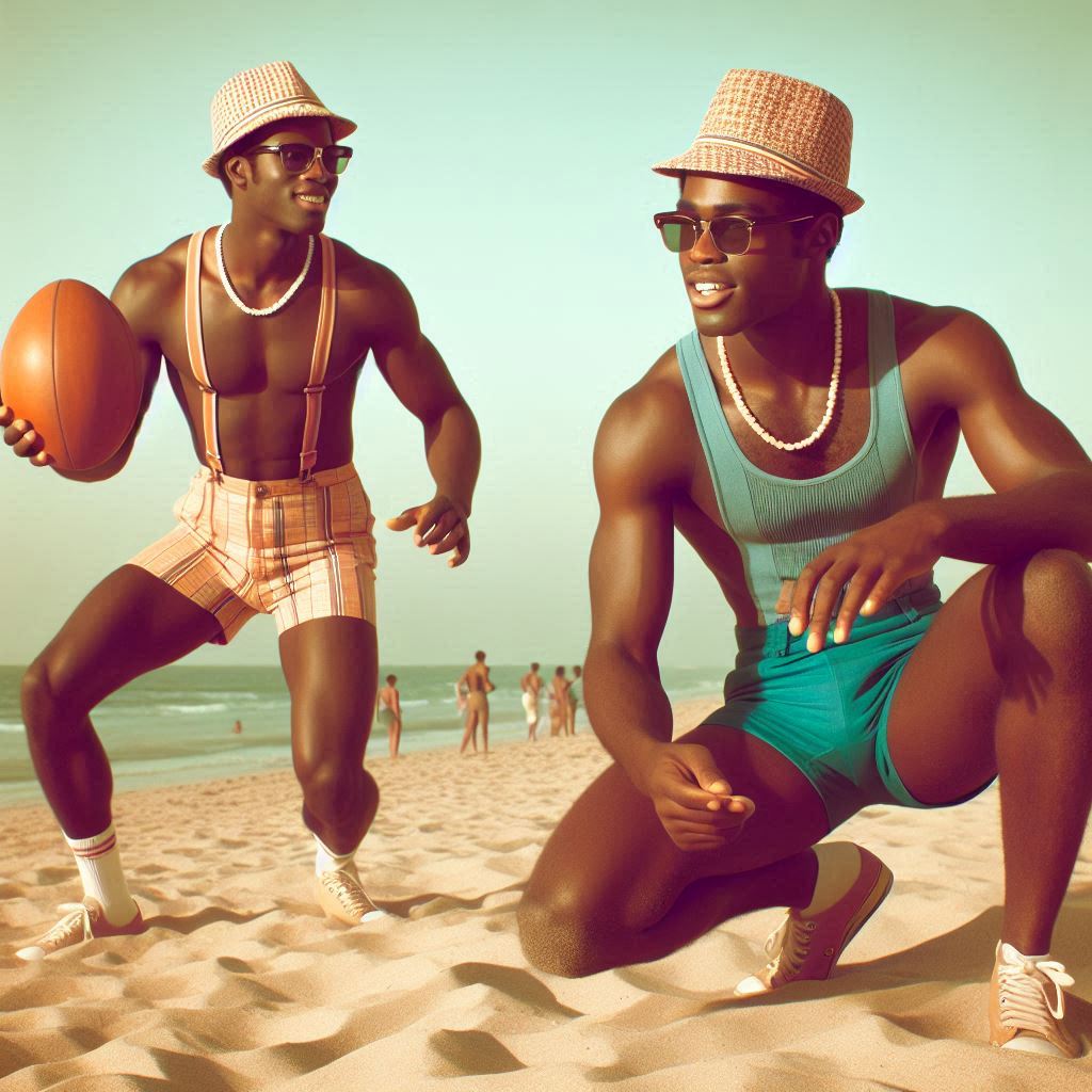 AI created image of southern american men playing touch football on the beach wearing a fedora hats and tight trunks