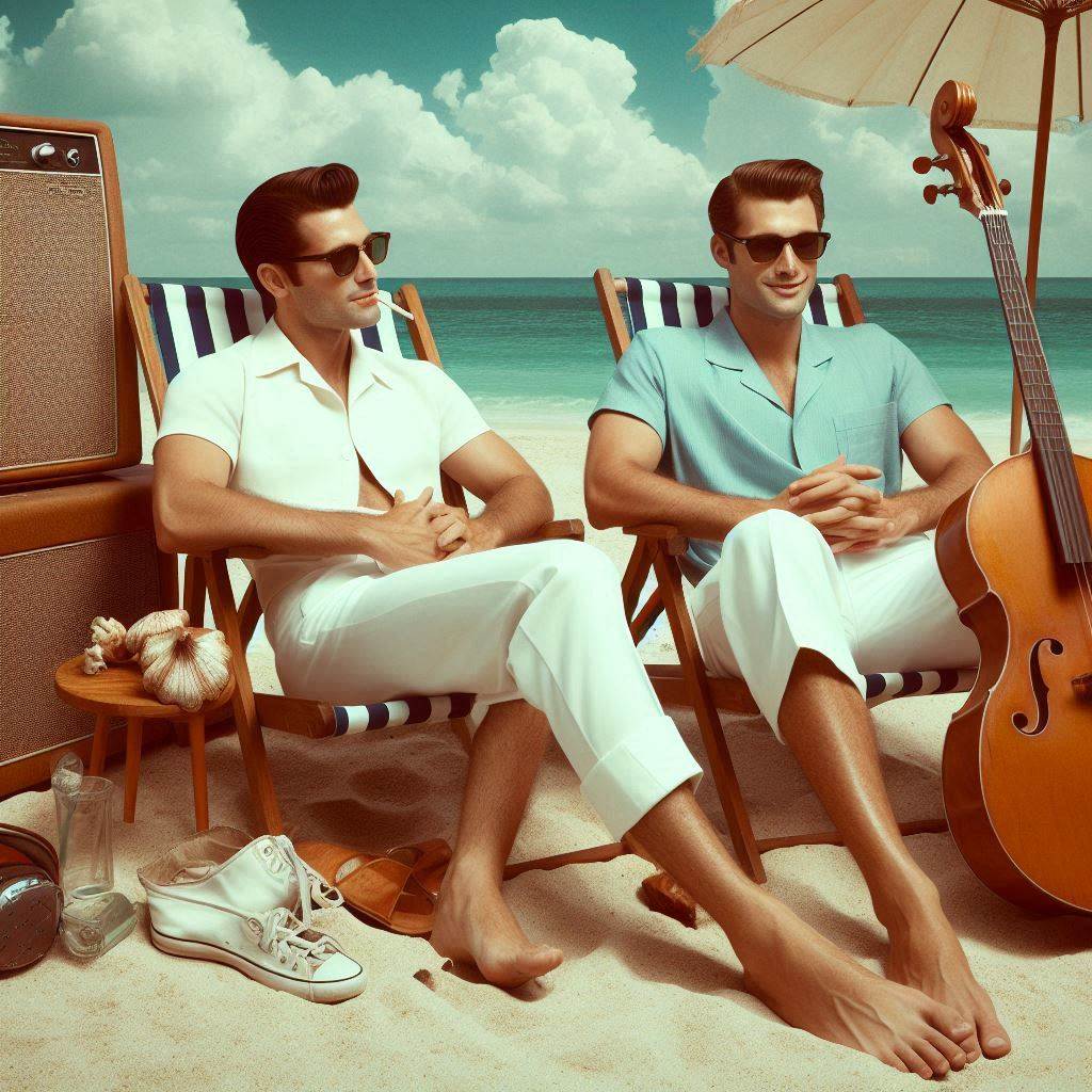 Ai created image of 2 men lounging on deck chairs with 1950's attire and pompadour hair styles