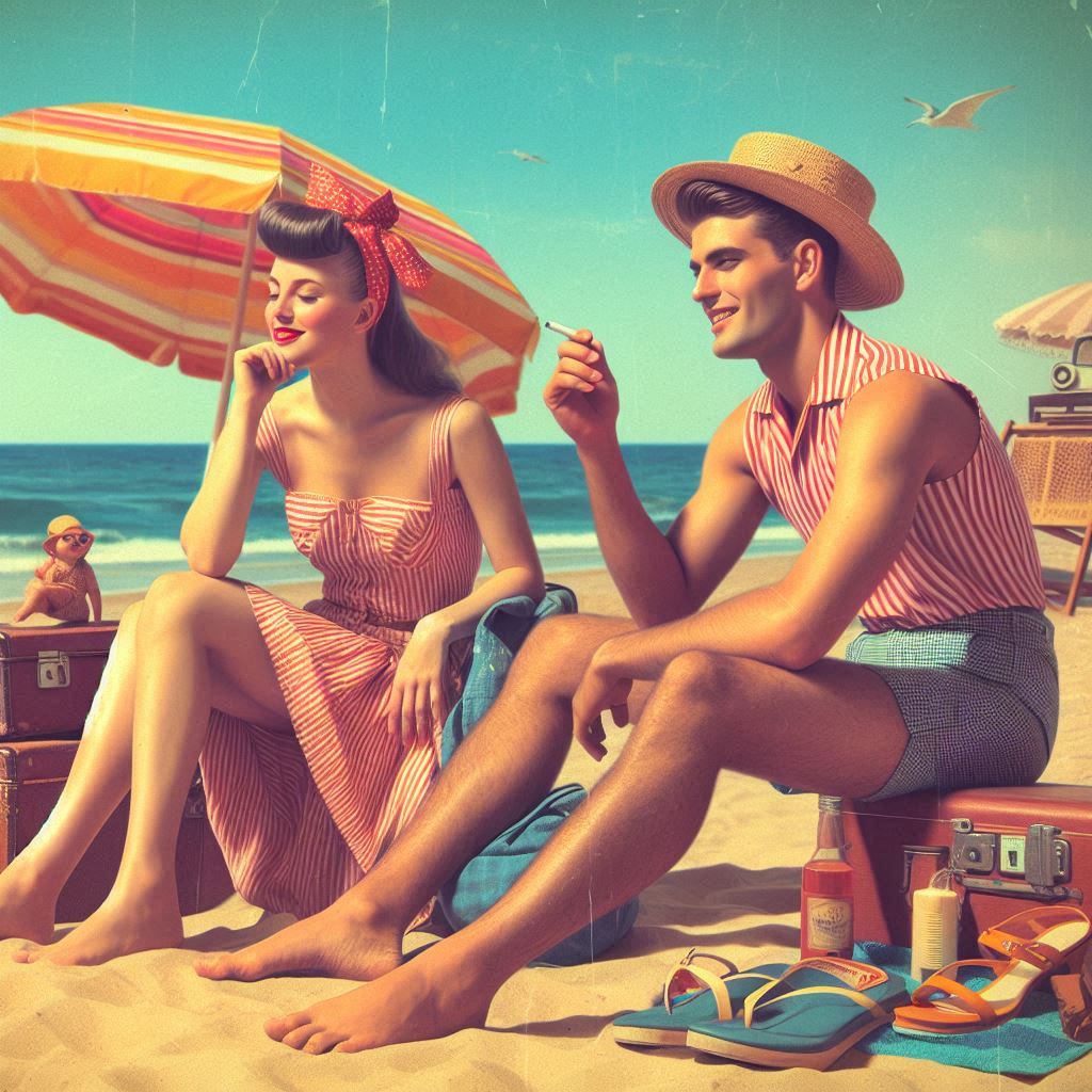 AI image of a couple from the 1960's enjoying the beach in vintage clothing attire