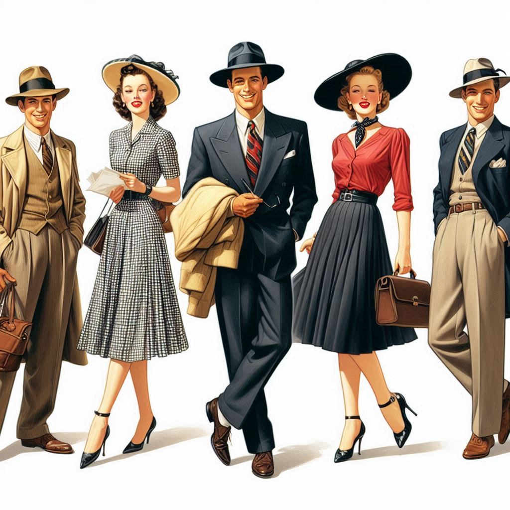 1940's created AI image of men's and ladies fashions