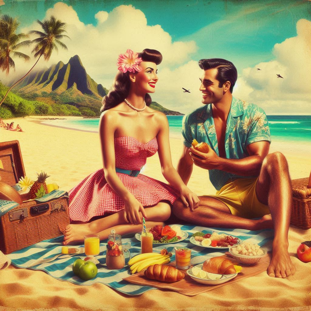 tropical beach background with a couple in 1950's attire having a beach picnic AI created