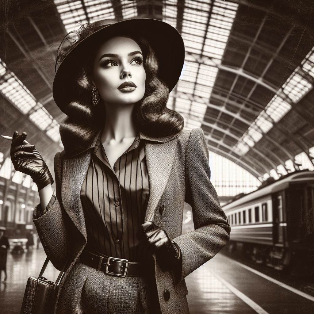 1940's woman in a train station wearing a tweed suit, gloves and wide  brimmed hat in black and white