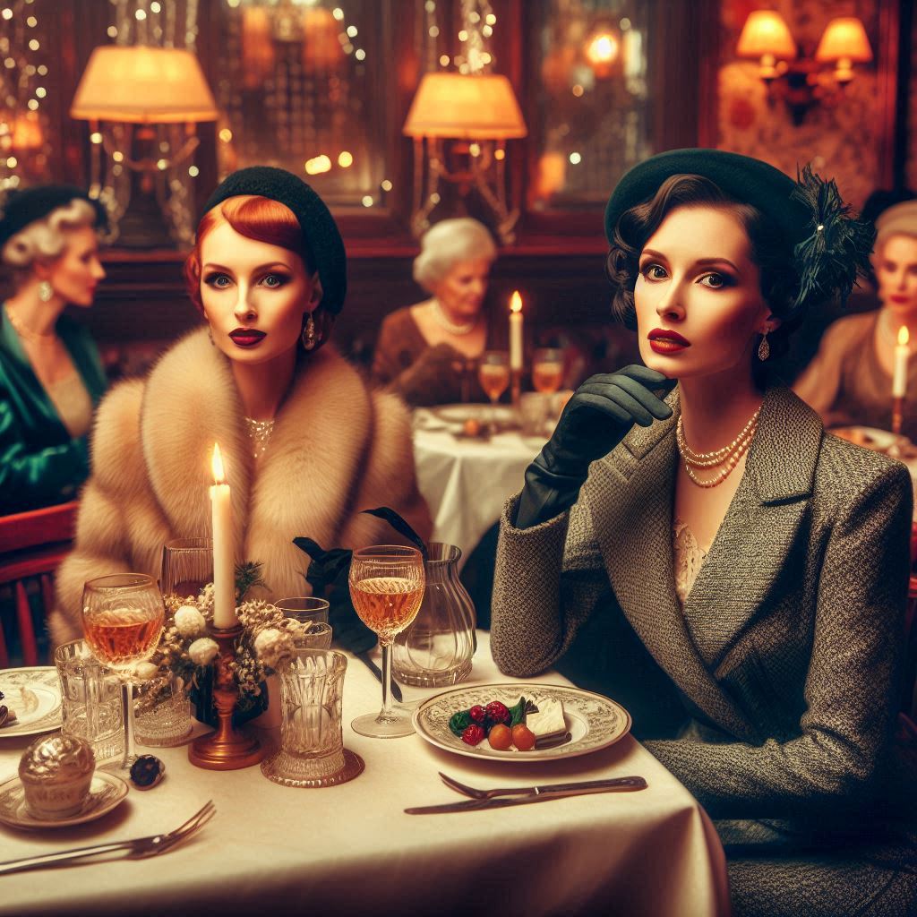 2 ladies in a restaurant wearing 1940's winter suit coats and hat fascinators AI image