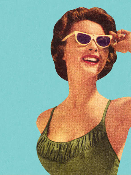 1960's lady with vintage cat style sunglasses and green swimsuit