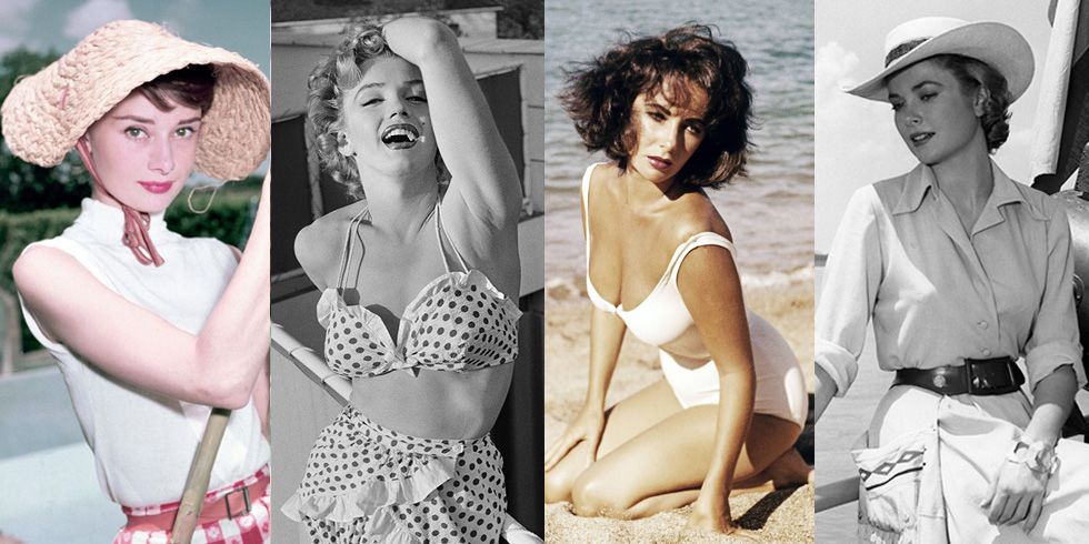 4 hollywood starlets Audrey Hepburn Marilyn Monroe Elizabeth Taylor and Grace Kelly in summer attire