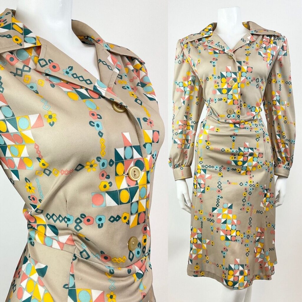 Shirt dress on a mannequin in beige with spotty tones throughout