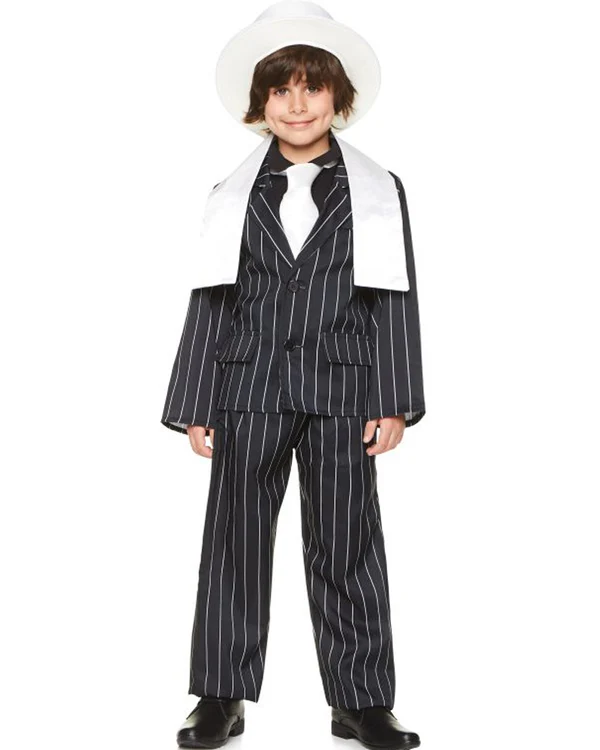 Boy wearing pin striped gatsby style suit with white tie hat and scarf