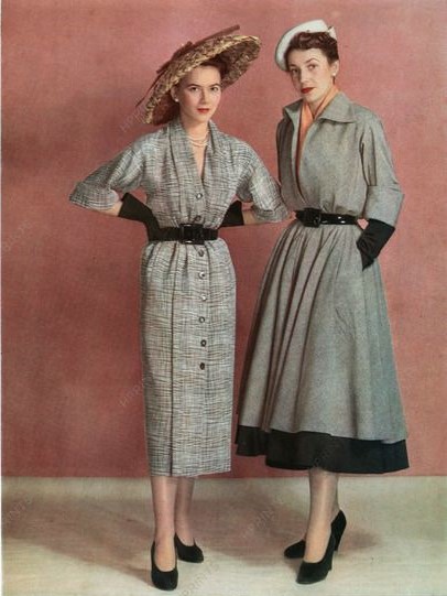 2 women modelling a collection of Christian Dior dresses in 1948