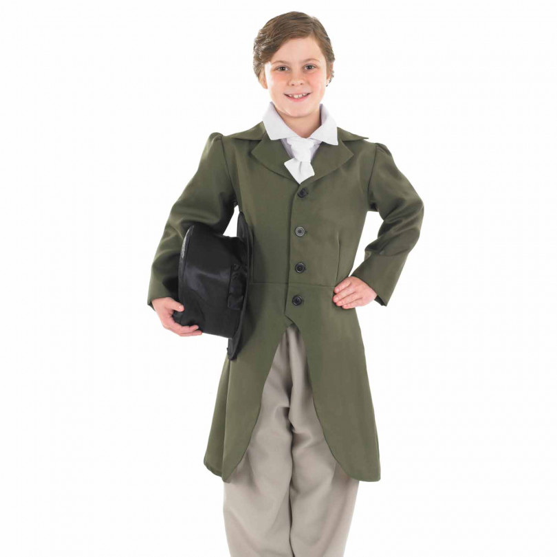 Victorian boy with a top hat and green tails coat and baggy pants