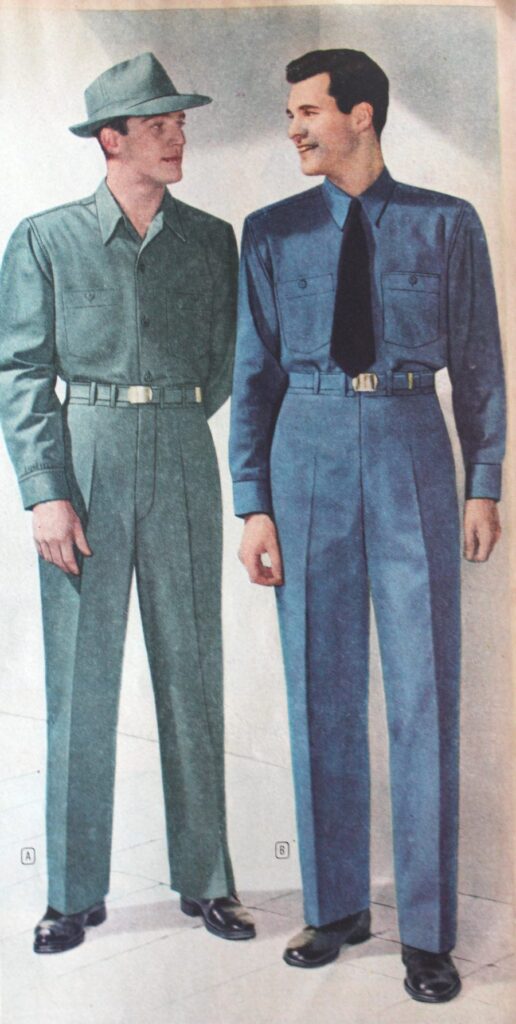 2 men in military inspired workwear of same colored shirts as the pants and belts to match