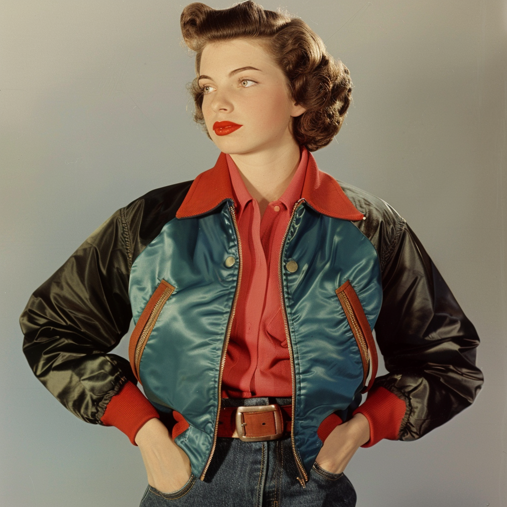 Classic bomber jacket in satin finish worn by late 1940's woman