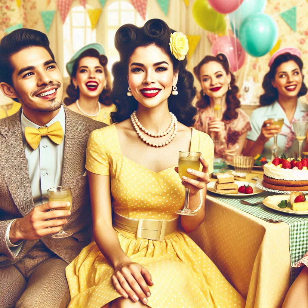 Ai created image of a party of people in the 1940's wearing yellow attire.