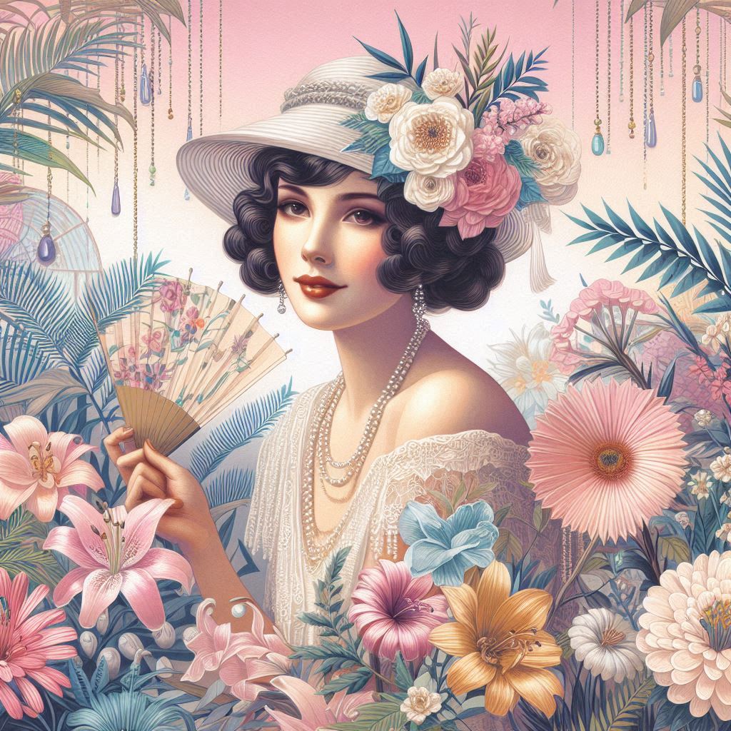 AI created image of a 1920's lady in a field of indoor flowers and palm trees wearing a straw floral hat and lace off shoulder dress