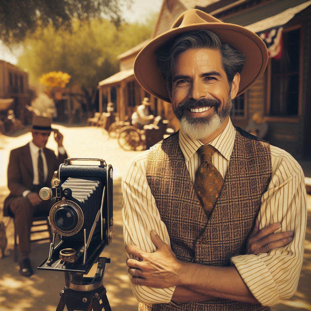 AI created image of bearded father with vintage striped shirt vest and tie wearing a farmers hat near a vintage camera in a rural setting