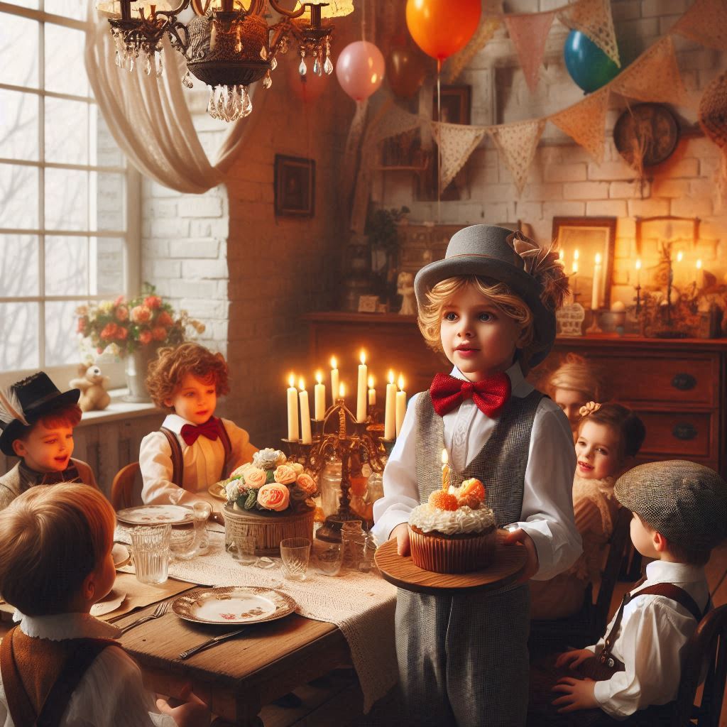 AI created image of a kids party with a candelabra centre piece balloons and bunting with kids in victorian costumes