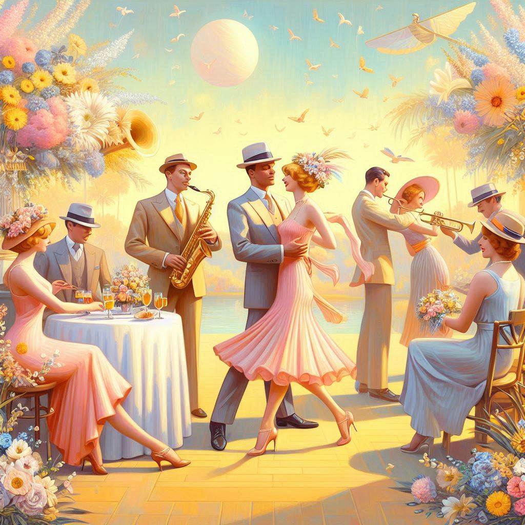 AI created image of a 1920's outdoor party with people dancing to a jazz band