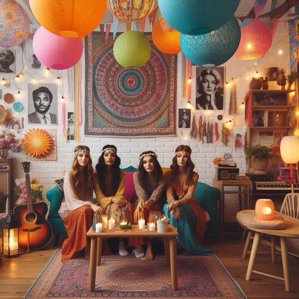 AI created image of a boho 70's party with 4 ladies in hippy costumes and room decor around them