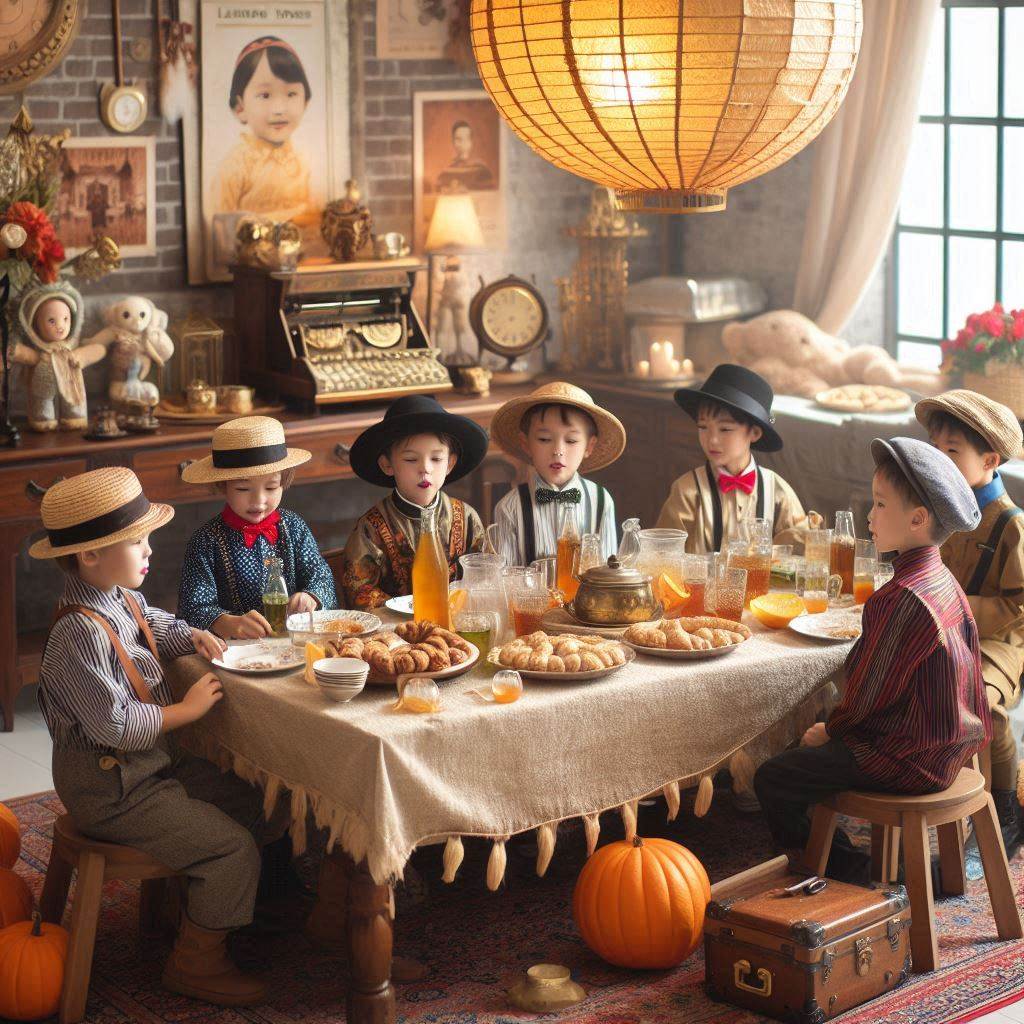 AI created image of a vintage boys party around a party table of food and drinks